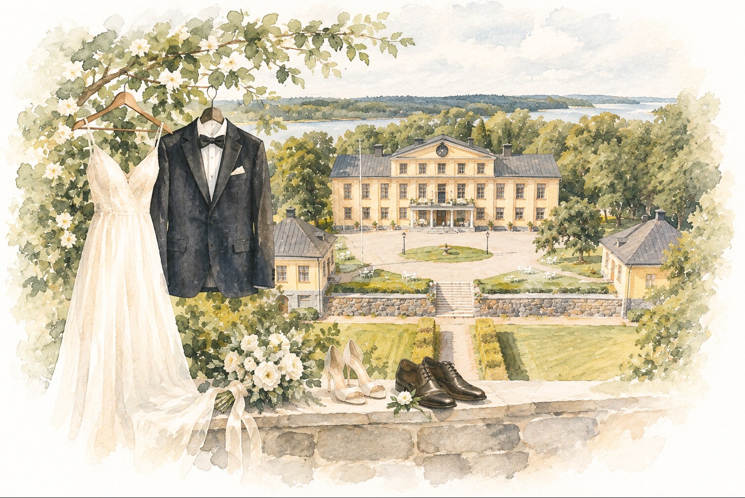 Illustration av klädsel för bröllop på Krusenberg Herrgård