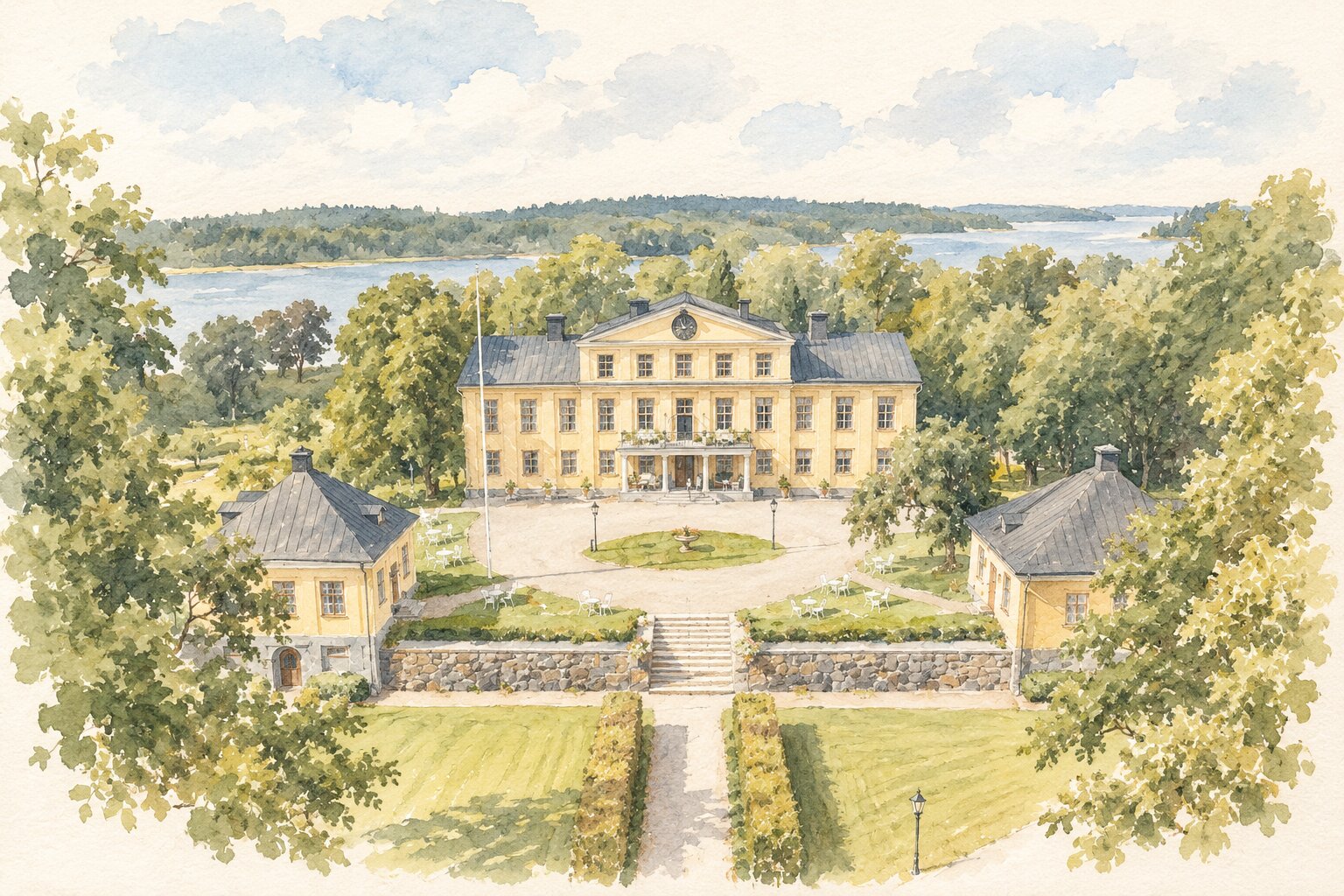Krusenbergs herrgård omgiven av grönska vid vattnet
